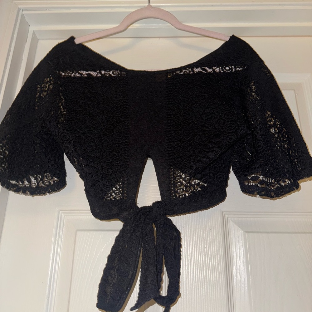 Express Black Lace Crop Top with Tie-Back